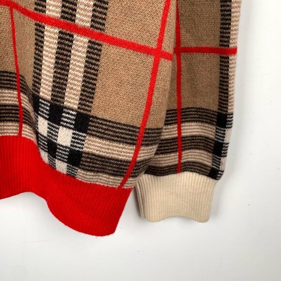 Burberry Brown Checkered Patchwork Wool Sweater With Red & Black Accents V-Neck - Picture 3 of 6